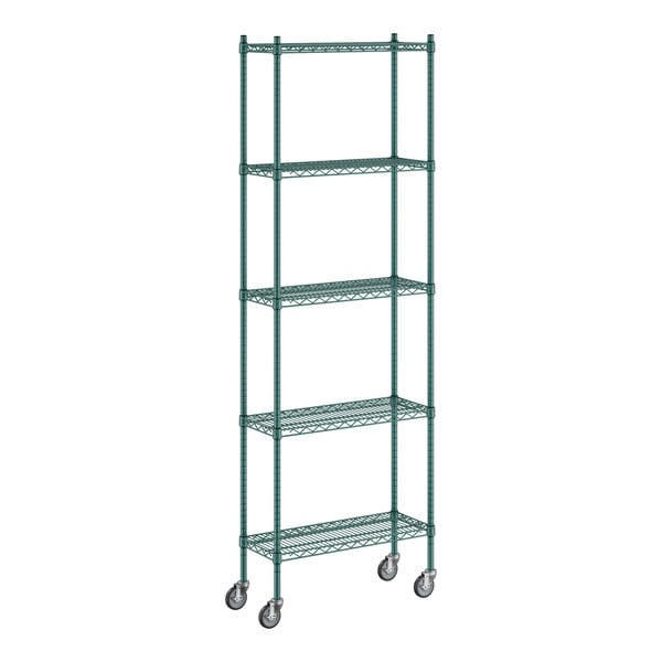 A Regency green wire shelving unit with wheels.