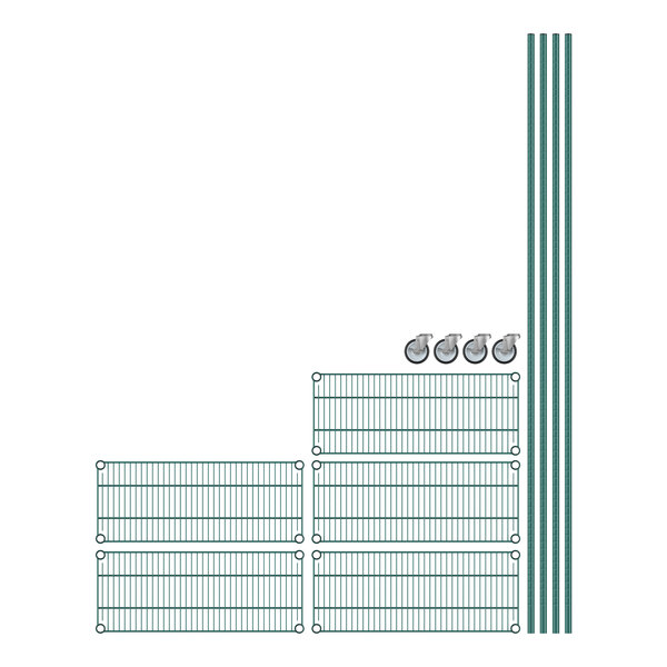 A white and green Regency wire shelving unit with 5 shelves.