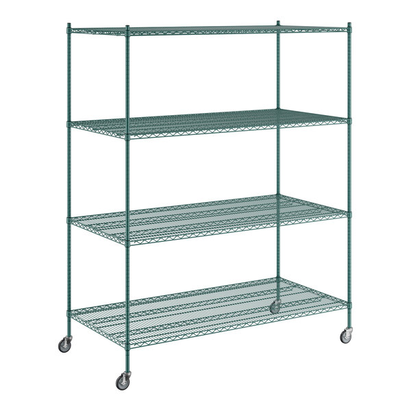 A Regency green wire shelving unit with wheels.