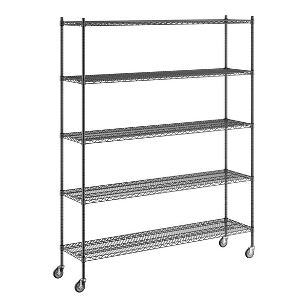 A Regency black wire mobile shelving unit with 5 shelves and wheels.