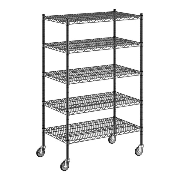 A Regency black wire shelving starter kit with wheels and 5 shelves.