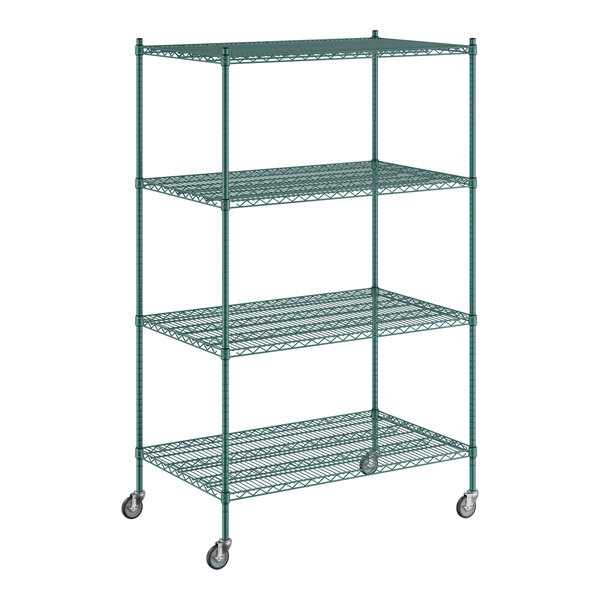 A green wire shelving unit with wheels.