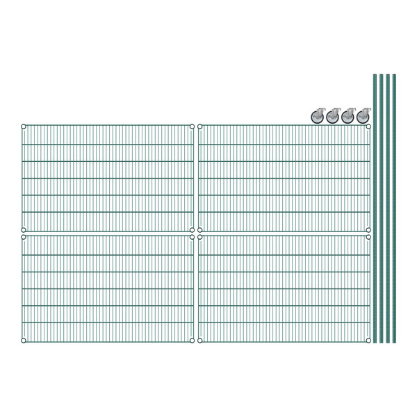 A close-up of green wire grid shelves.