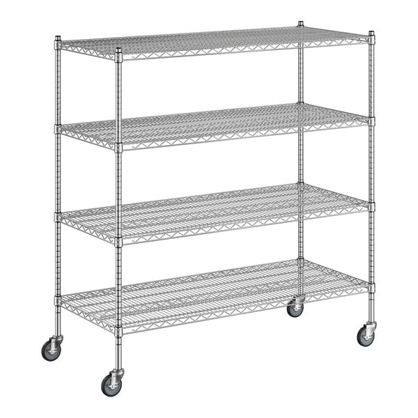 A Regency chrome mobile wire shelving starter kit with 4 shelves.