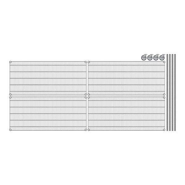 A drawing of Regency Chrome Wire Shelving with 4 shelves and wheels.