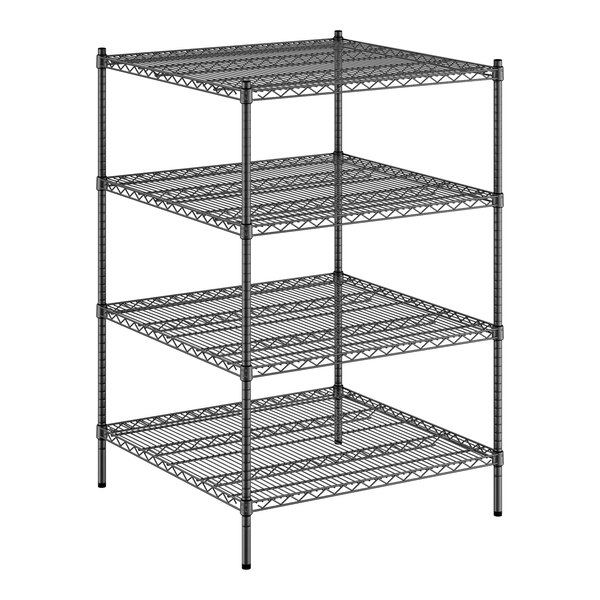 A black wire shelving unit with four shelves.