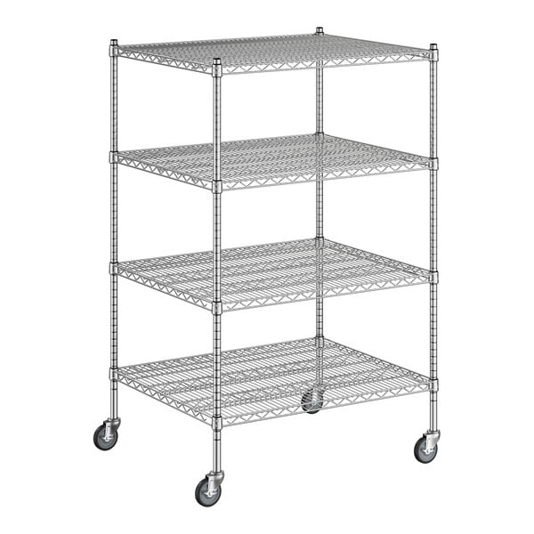 A Regency chrome wire shelving unit with wheels and four shelves.