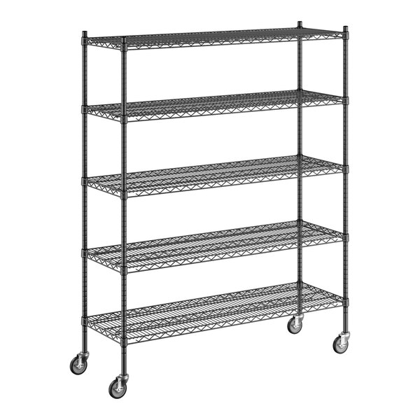 A Regency black wire shelving starter kit with wheels.