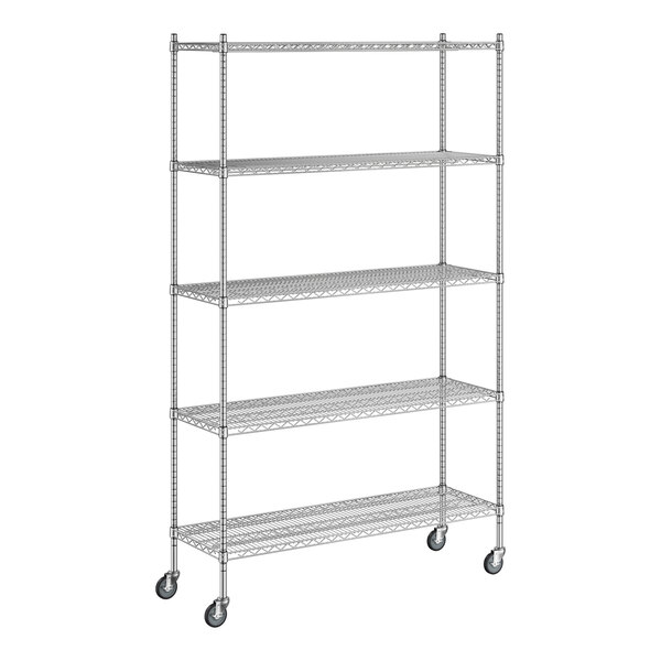 A Regency chrome wire shelving unit with wheels.