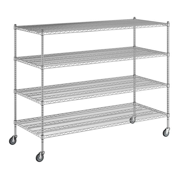 A Regency chrome wire shelving unit with wheels and four shelves.