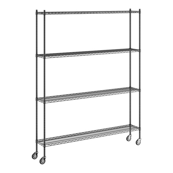 A Regency black wire shelving starter kit with wheels.