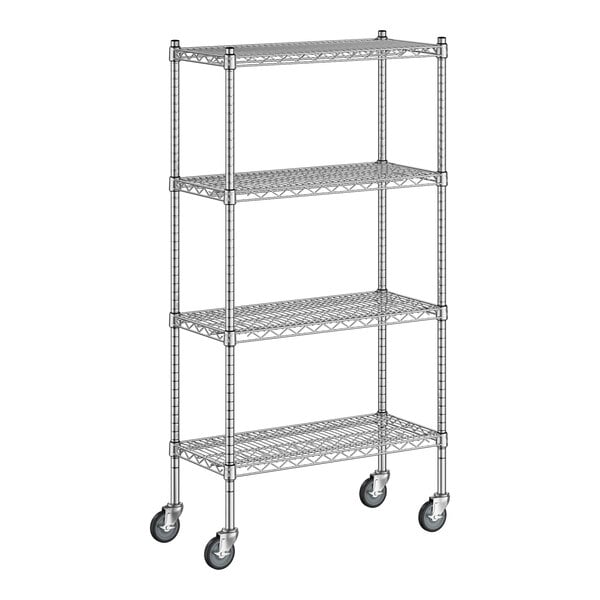 A Regency chrome wire shelving rack with wheels.