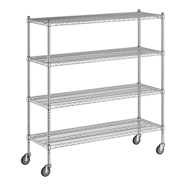 A Regency chrome wire shelving unit with wheels.