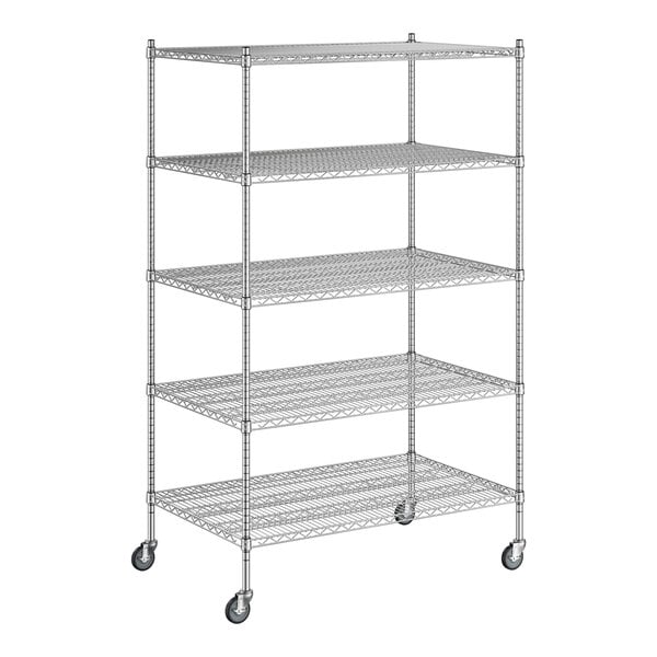 A wireframe of a Regency chrome mobile wire shelving unit with five shelves.