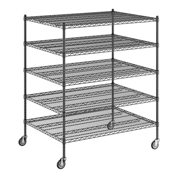 A Regency black wire shelving unit with wheels and five shelves.