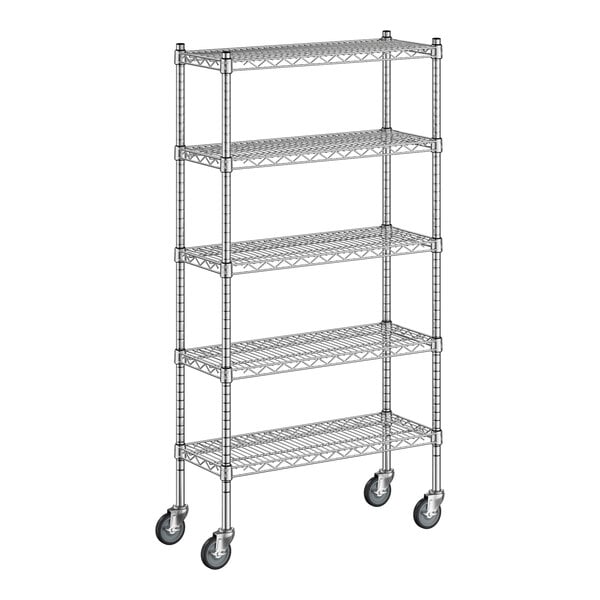 A Regency chrome wire shelving unit with wheels and five shelves.