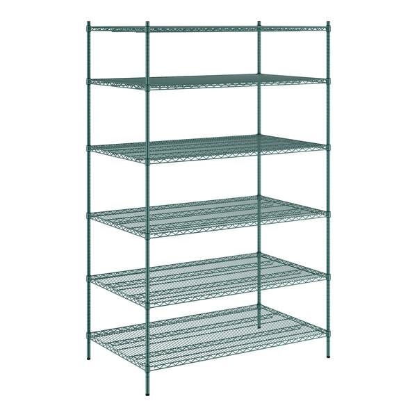 A green metal Regency wire shelving unit with six shelves.