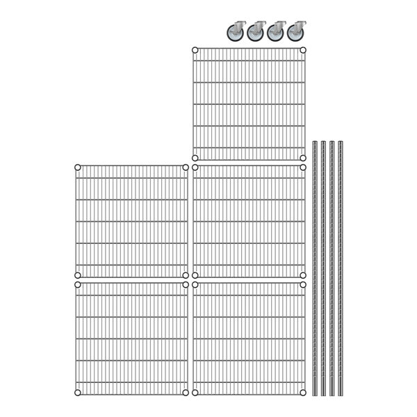 A Regency wire shelving kit with wire mesh shelves and metal rods.