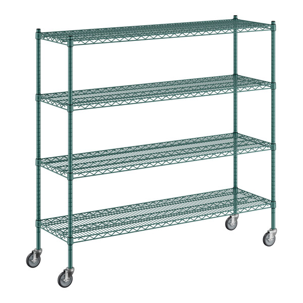 A green metal Regency wire shelving unit with four shelves.