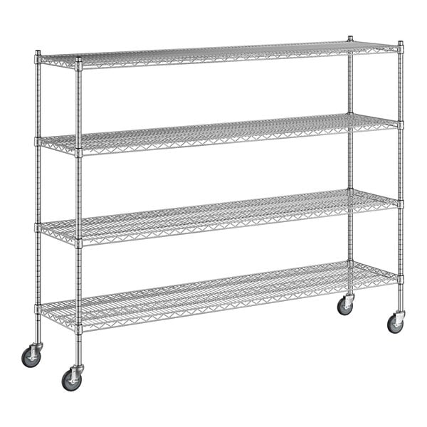 A metal shelving unit with four shelves.