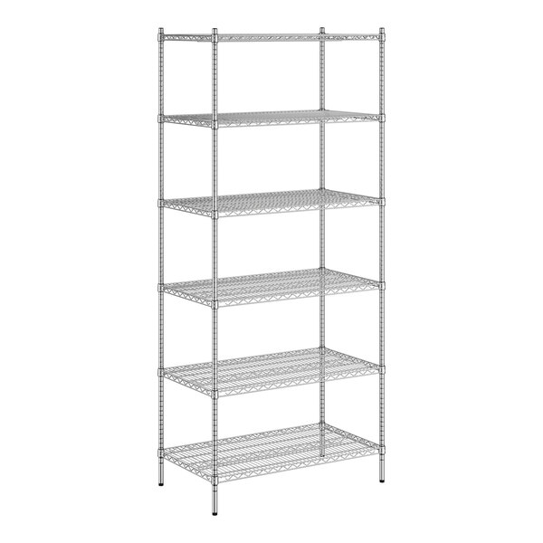 A wireframe of a Regency metal shelving unit with six shelves.