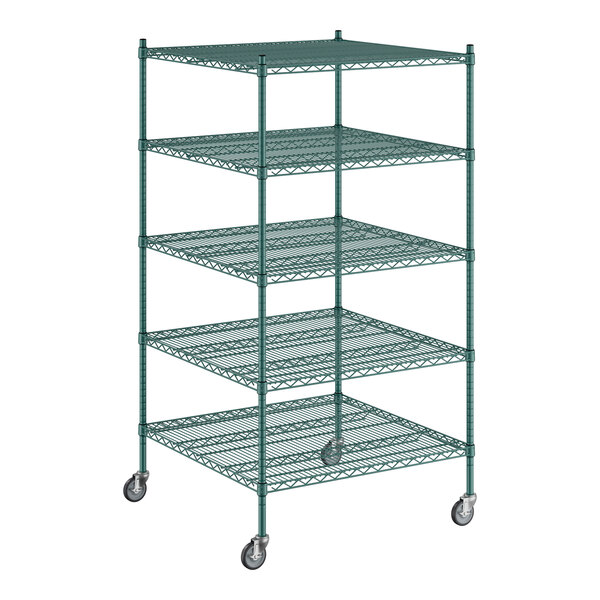 A Regency green wire shelving unit with five shelves.