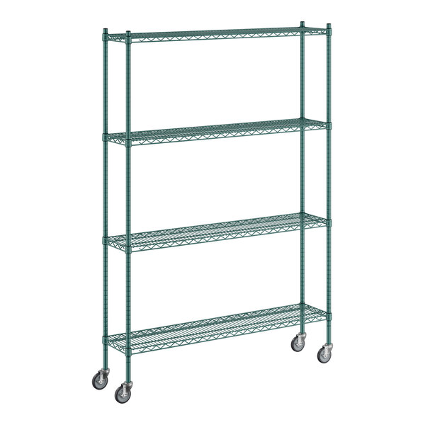 A Regency green wire shelving unit with wheels.