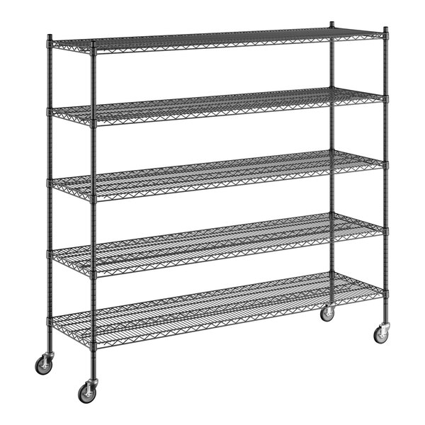 A Regency black wire shelving unit with wheels.