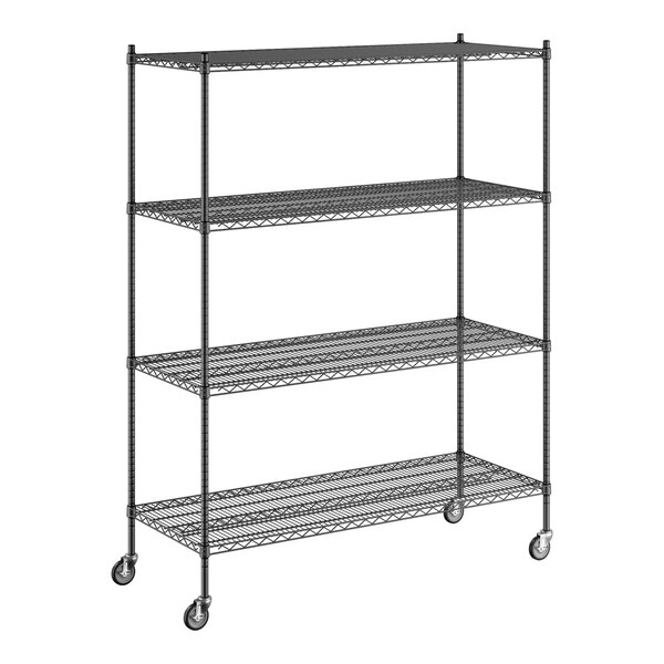 A Regency black wire shelving unit with wheels.