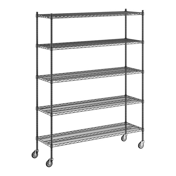 A Regency black wire shelving unit with wheels.