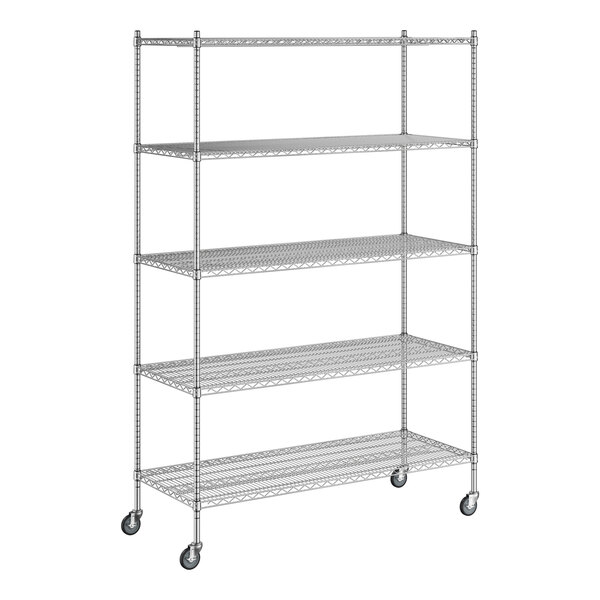 A Regency chrome wire shelving unit with wheels and five shelves.