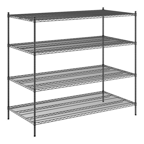 A Regency black wire shelving unit with four shelves.