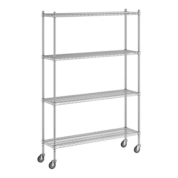 A Regency chrome wire shelving unit with wheels.