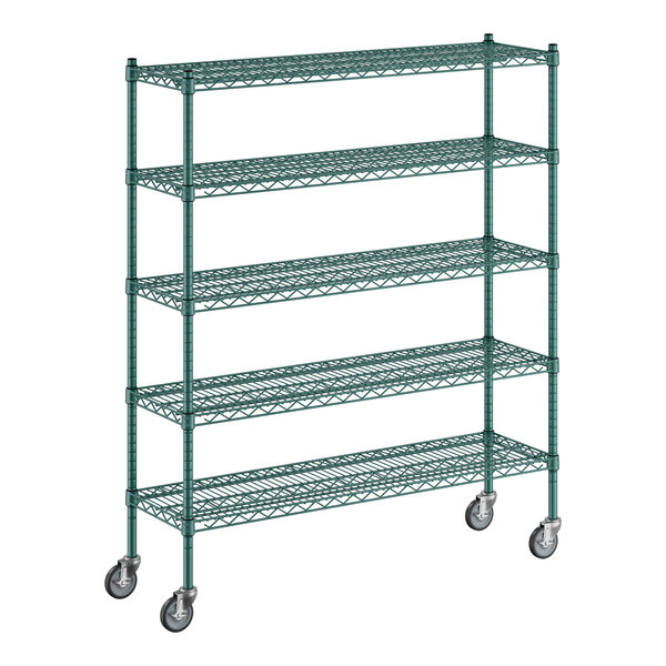 A Regency green metal wire shelving unit with wheels.