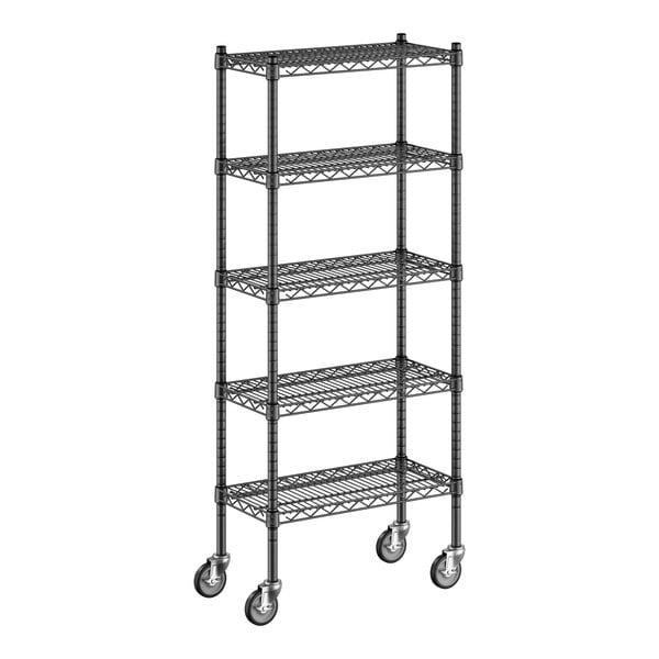 A Regency black wire shelving unit with wheels.