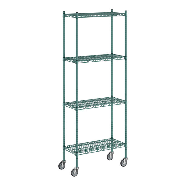 A green Regency wire shelving unit with wheels.