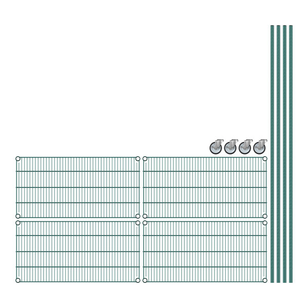 Regency mobile wire shelving starter kit with green epoxy finish and 4 shelves.