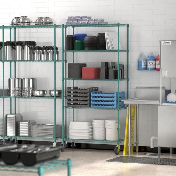 Regency metal shelving with dishes on it.