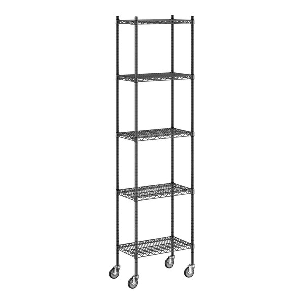 A Regency black metal wire shelving unit with wheels.