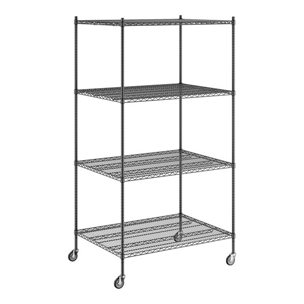 A Regency black wire shelving unit with wheels.