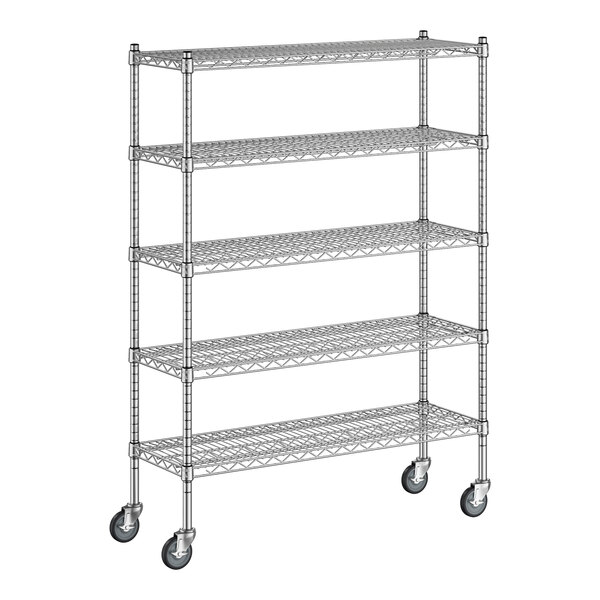 A Regency chrome mobile wire shelving starter unit with wheels.