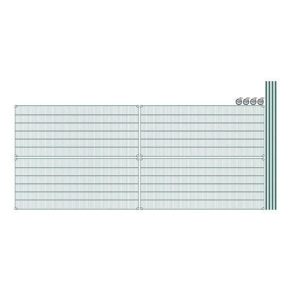 A grid with lines and dots, with a line of green shelves.