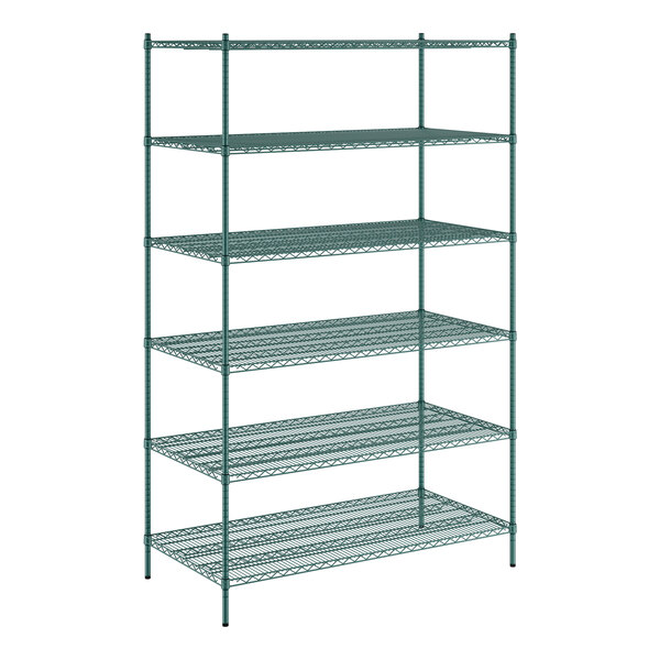 A Regency green metal wire shelving unit with six shelves.