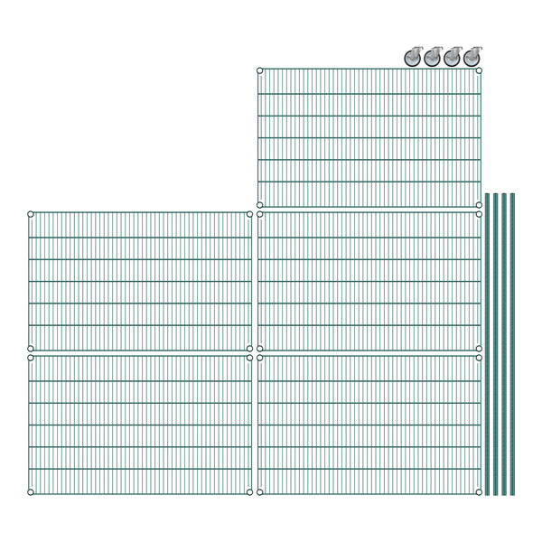 A close-up of a green wire grid with many holes.