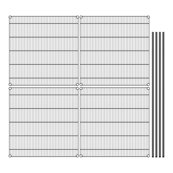 A grid of black wire shelves with circles on top.
