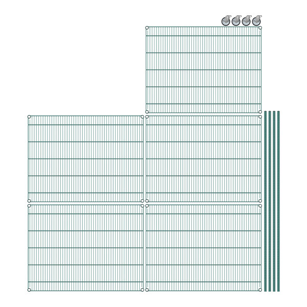 A white grid with blue lines showing a Regency mobile wire shelving starter kit with 5 shelves.
