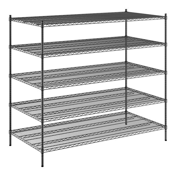 A black Regency wire shelving unit with five shelves.