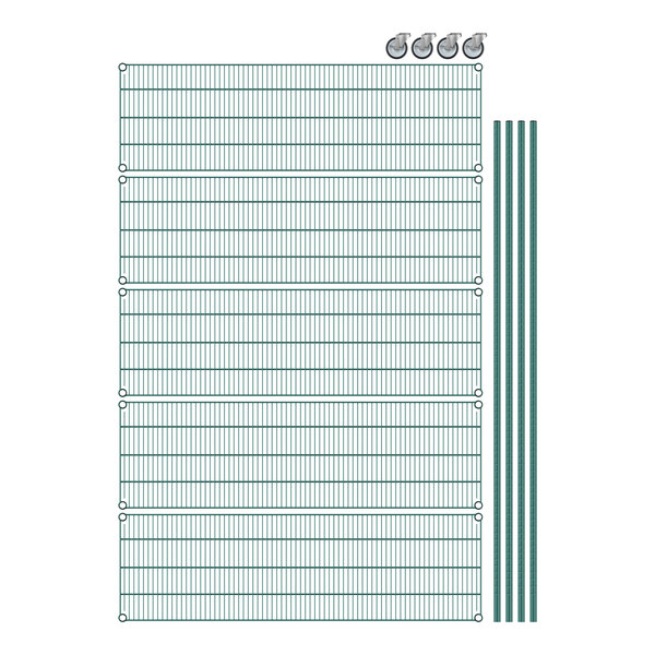 Regency wire shelving starter kit with a green epoxy finish, 5 shelves, and metal rods arranged in a grid pattern.