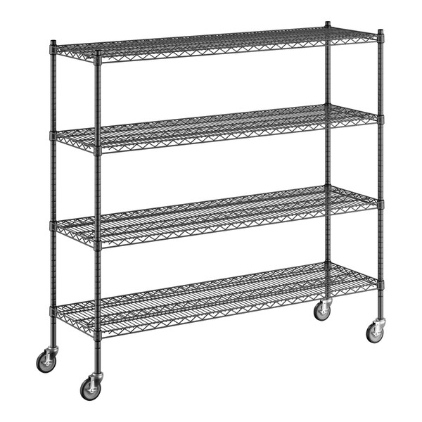 A Regency black wire shelving unit with wheels.