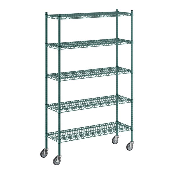 A Regency green metal wire shelving unit with wheels.